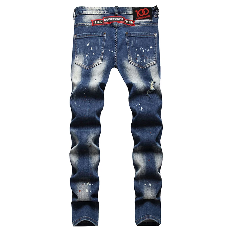 chareiharper plus size dsq071 Men's jeans Stretch complex wash water hand painted bay dot badge hanging adorn straight leg jeans