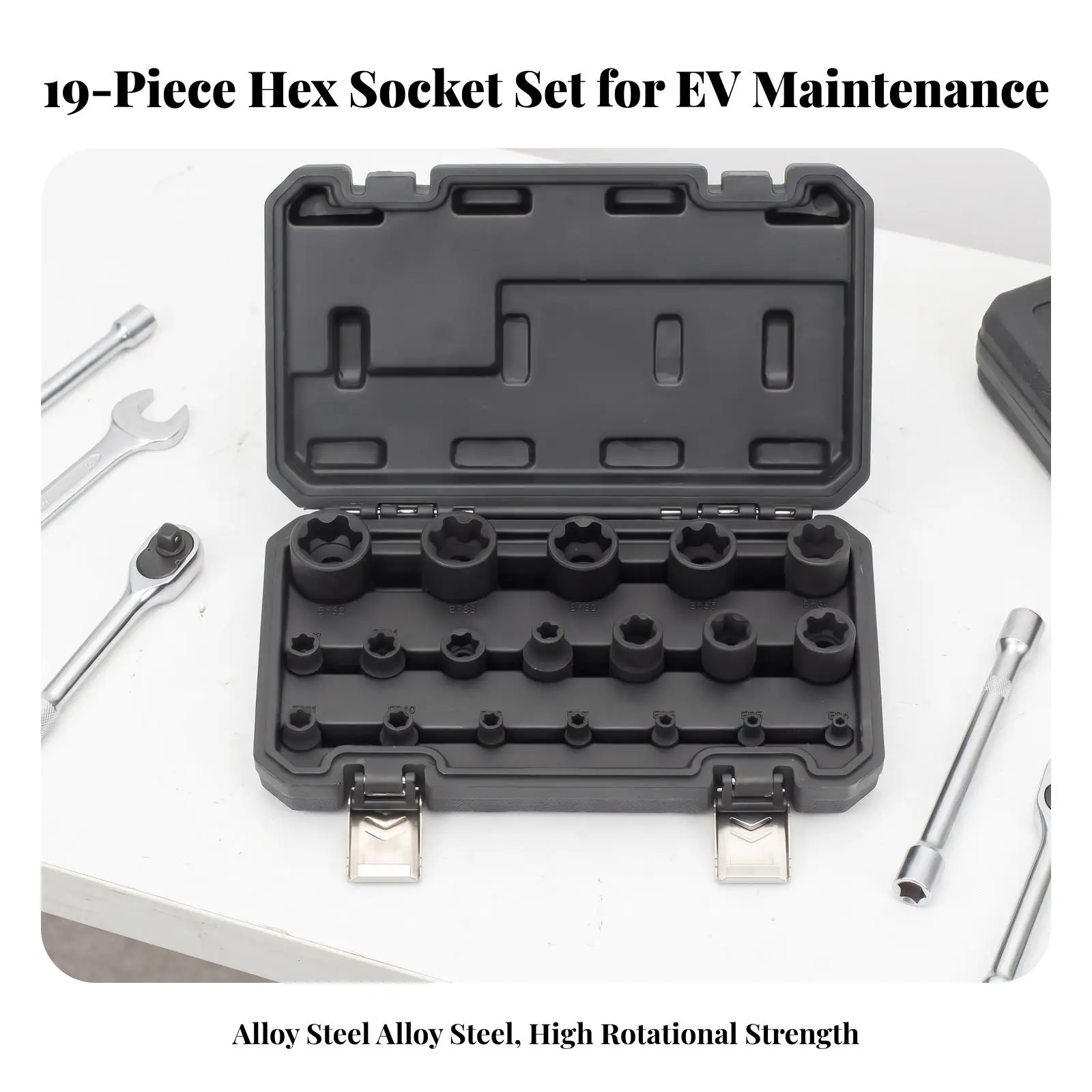 19 Pieces EP Socket Set with Carrying Case Complete EP Socket Set Tool Professional for Mechanics