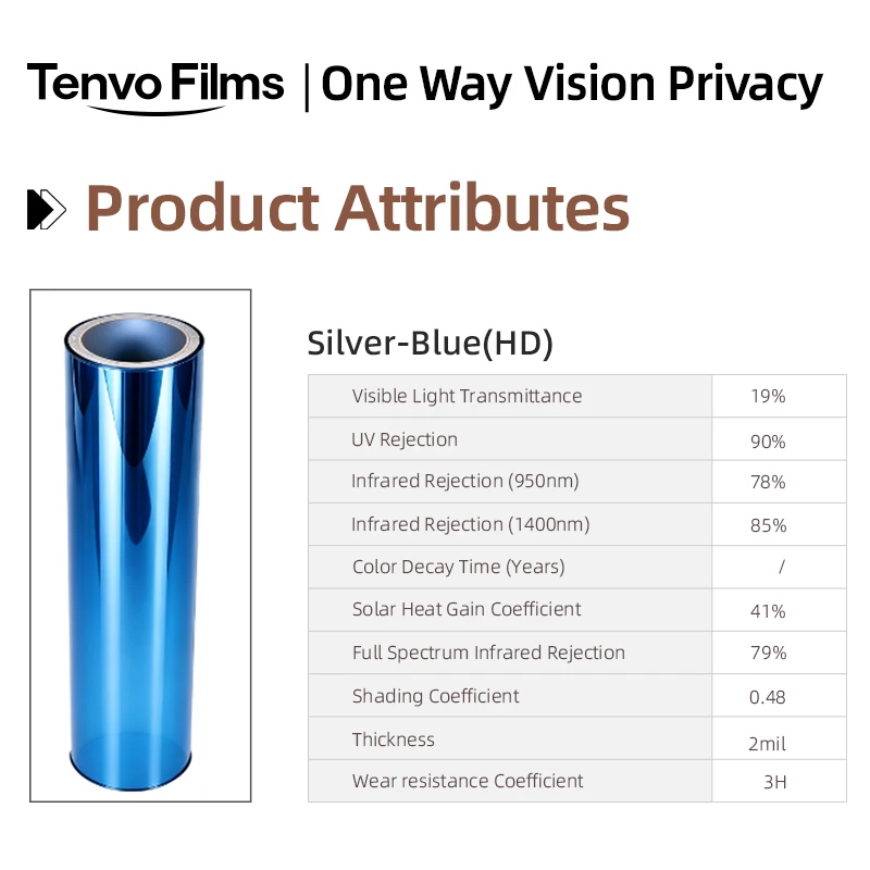 Silver Blue HD PET One Way Vision Window Film Roll Privacy Glass Tint Heat Insulation Anti UV DIY Install For Home Office Car Gl