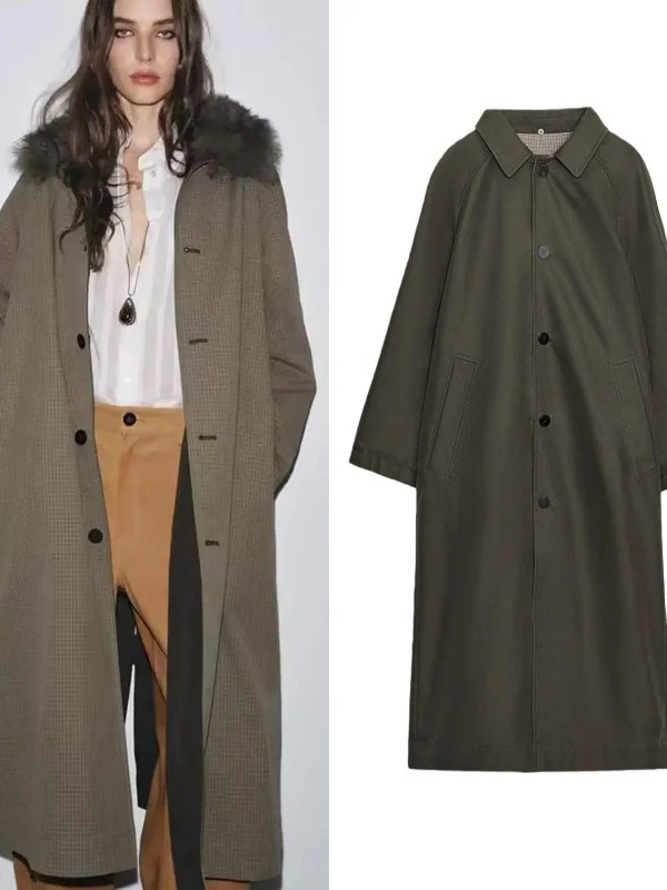 

Модное двустороннее женское пальто с воротником из искусственного меха, новинка осенней коллекции, с длинными рукавами, на одной пуговице