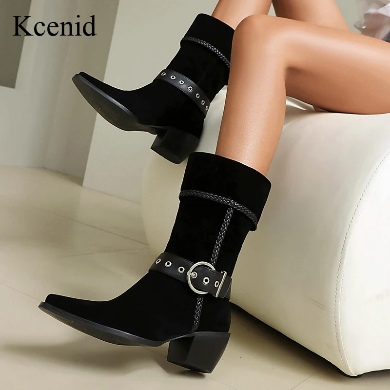 

Kcenid Women's Vintage Western Boots Pointed Toe Belt Buckle Non-Slip Block Heel Autumn Winter Shoes Travel Foldable Comfort