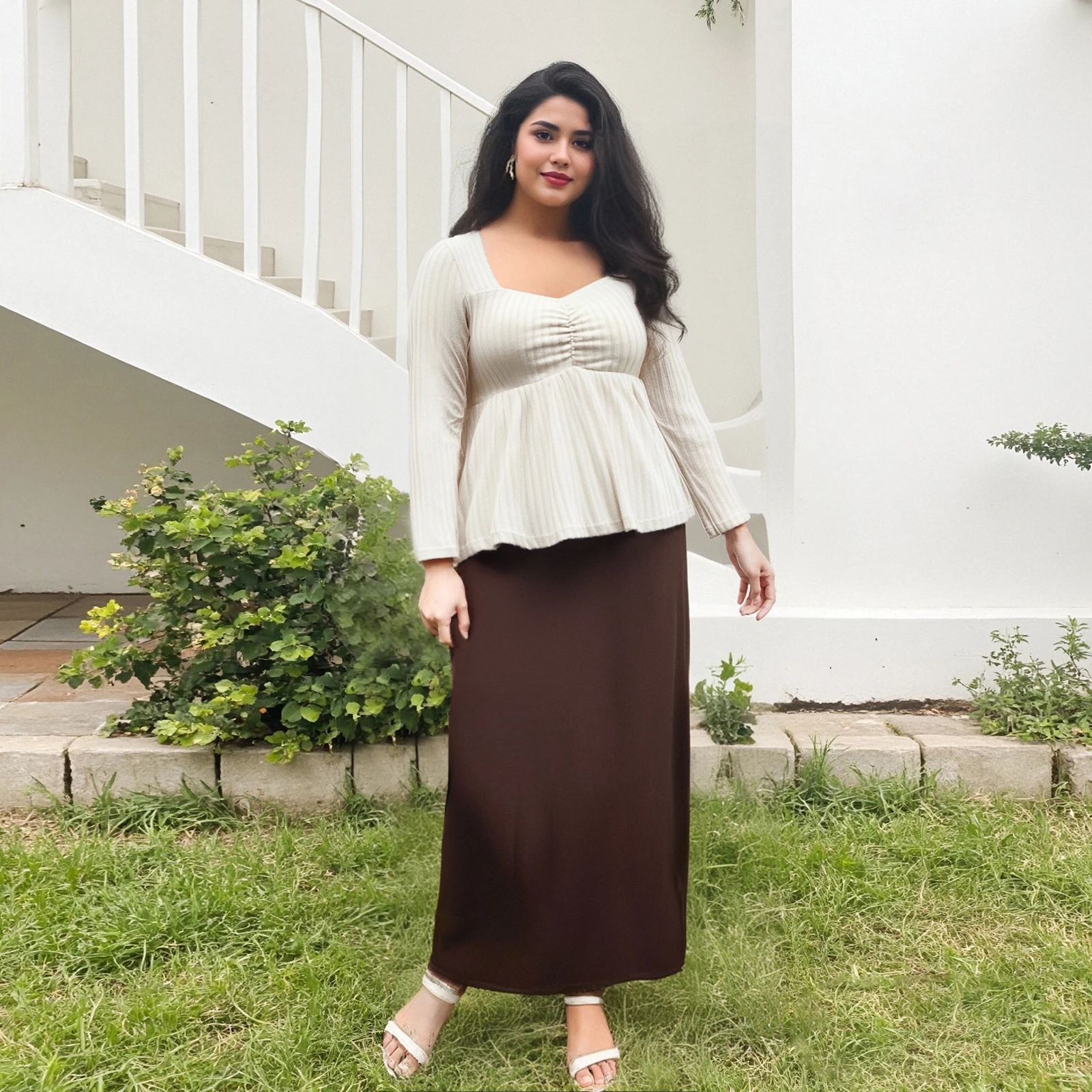 2025년 초가을 여성 가을 우아한 슬림 블라우스 솔리드 컬러 골지 긴팔 스윗하트 넥 셔츠 플러스 사이즈 탑