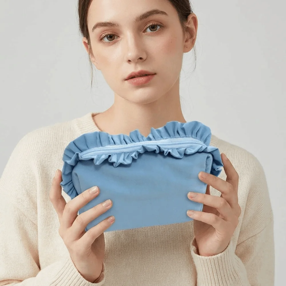Solid Color Ruffle Makeup Bag Nylon with Zipper Wash Storage Bag Large Capacity Korean Style Toiletry Organizer Skincare