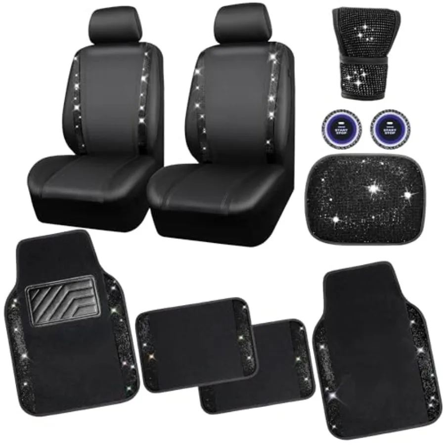 

Bling Diamonds Car Seat Covers Front Seats Black Leather Shining Rhinestone Car Floor Mats Carpet with Anti-Slip Nibs Sparkly G