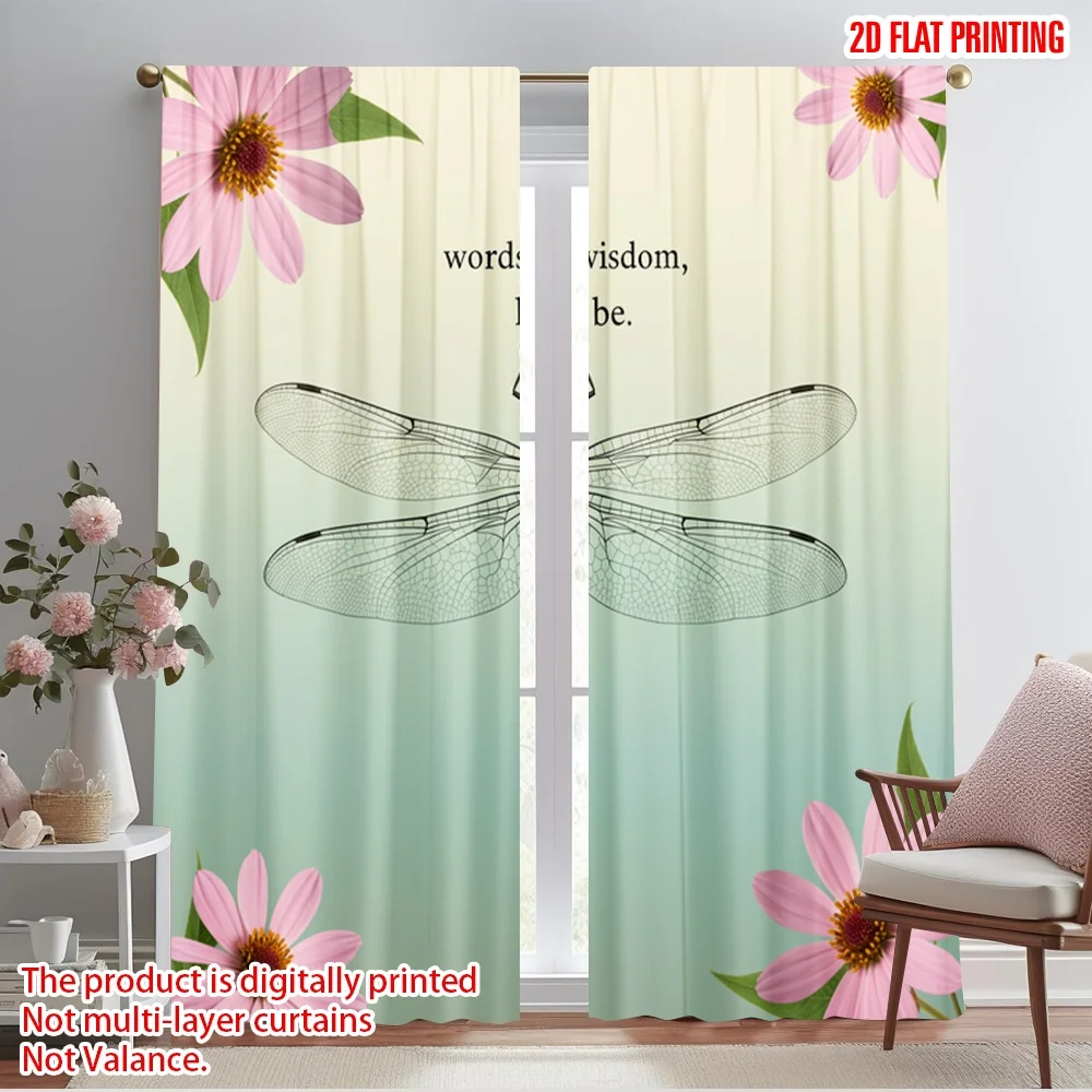

2pcs 2D flat printing Curtain Dragonfly Flowers Wisdom Let Polyester Without Electricity Family Party Use for Outdoor and Home