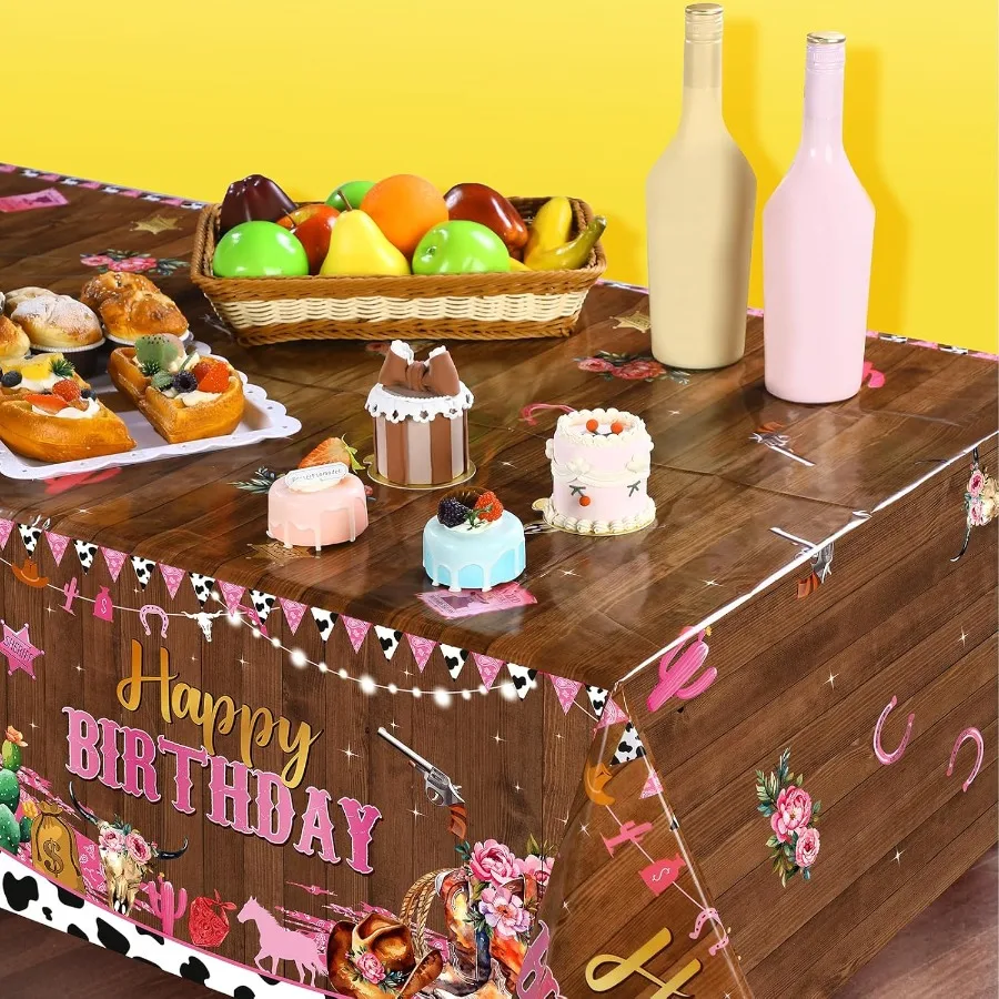 3개 세트 카우걸 생일 테이블보 서부 플라스틱 테이블 커버 일회용 직사각형 핑크 카우 테이블보 와일드 웨스트 서부용