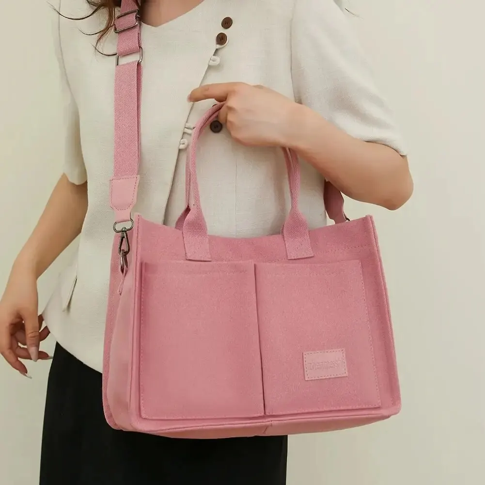 Women Fashion Shoulder Bag Large Capacity Canvas Chic Messenger Bag Adjustable Strap Multi Pockets Square Commuting Bag