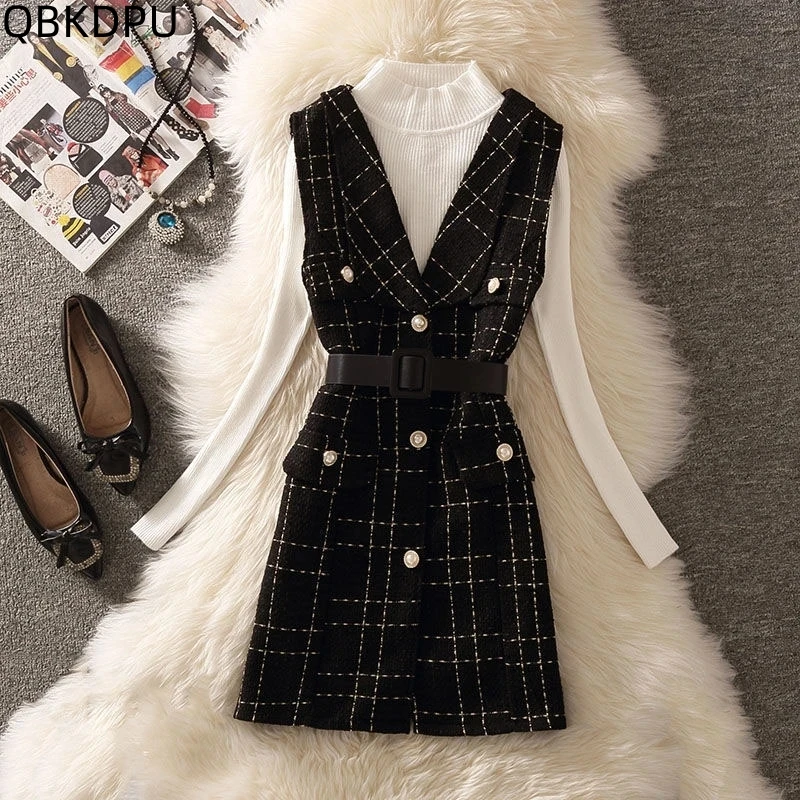 

Slim Plaid Tweed Vest Jackets Women Mid-length Unlined Sleeveless Coats Knit Pullover 2 Piece Sets Korean Waistcoat Sweater Suit