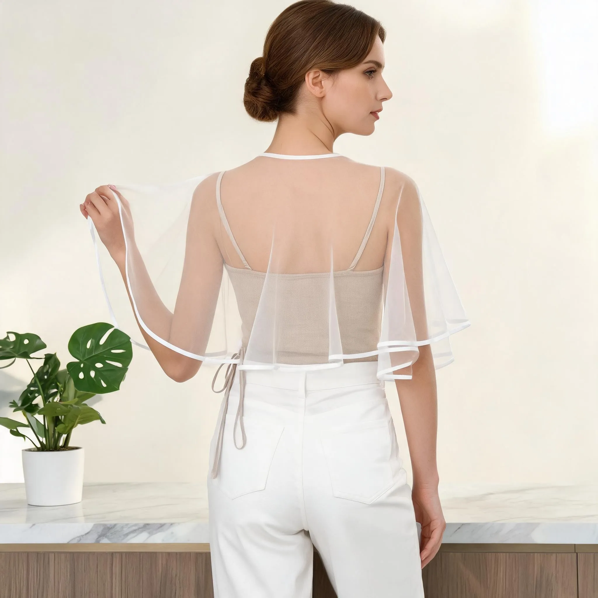 Satin Trim Bridal Capelet with Pearl Button Sleeveless Tulle Bolero Wedding Shoulder Wrap Ivory White Bridal for Wedding Dress