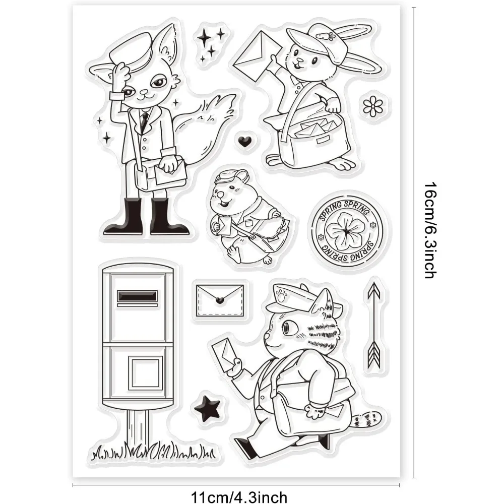 Animal Postman Silicone Clear Stamps Fox Hamster Rabbit Cat Transparent Stamps for Birthday Valentine's Day Cards Making DIY
