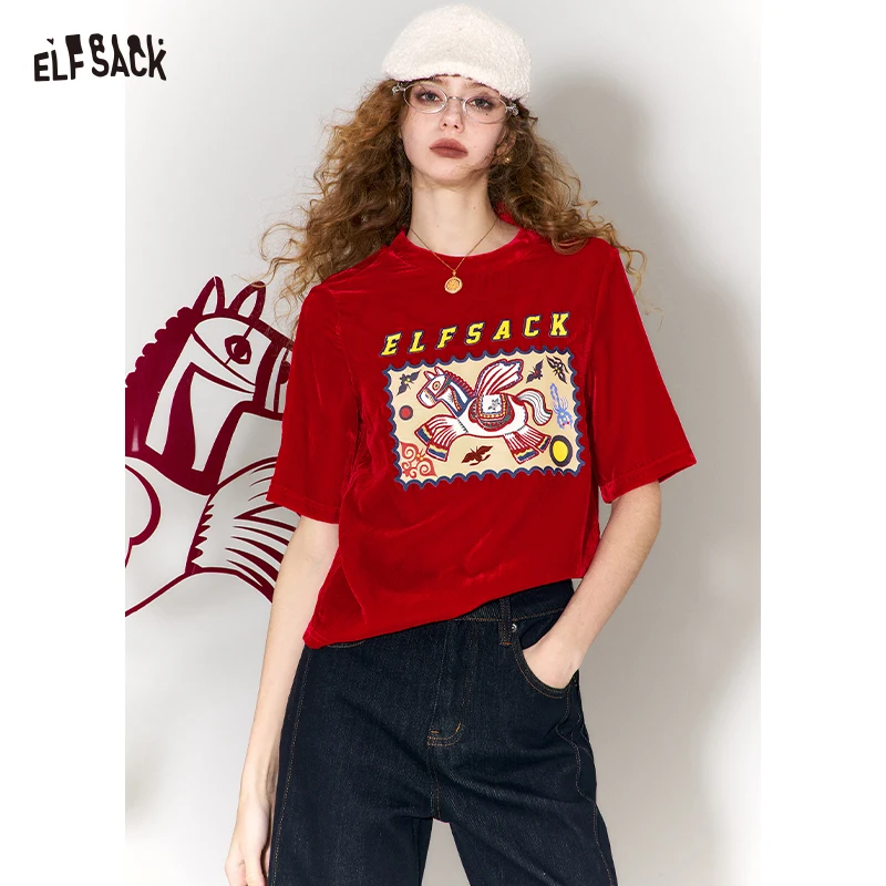 ELFSACK Women's Neo‑Chinese Short Sleeve T‑Shirt with Horse Graphic Print, Velvet Retro Tee for Casual Daily Outfit