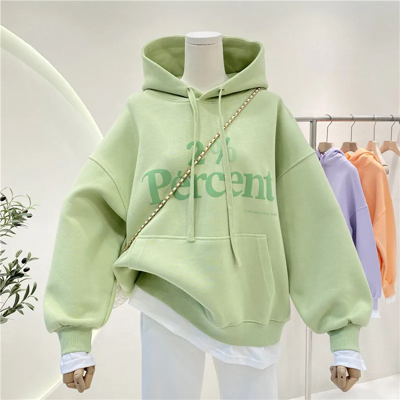 Women\'s Light Green Pullover 2023 New Autumn Ladies Thin Letter Printing Panel Hooded Sweater Casual Loose Fashion Versatile Top