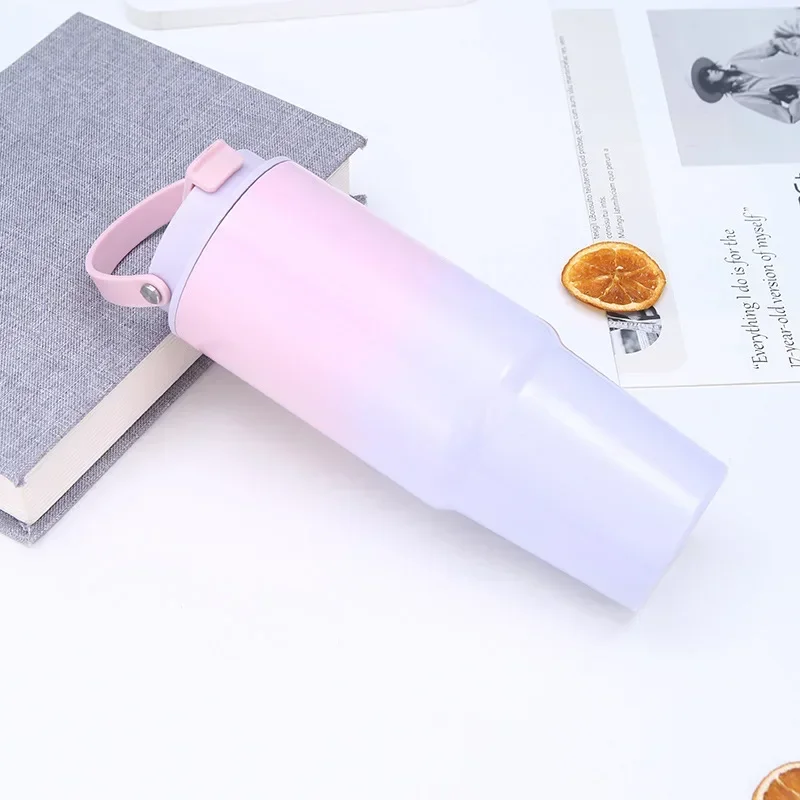 Hot Selling 30 Companies Household High-value Thermos Cup Gradient Color Handheld Cup Stainless Steel Car Cup with Straw Handle