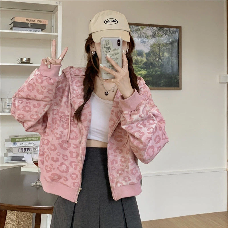 2024 New Autumn Pink Leopard Print Hooded Cardigan Sweater Korean Style Distinctive Short Cardigan Zipper Women\'s Jacket Trendy