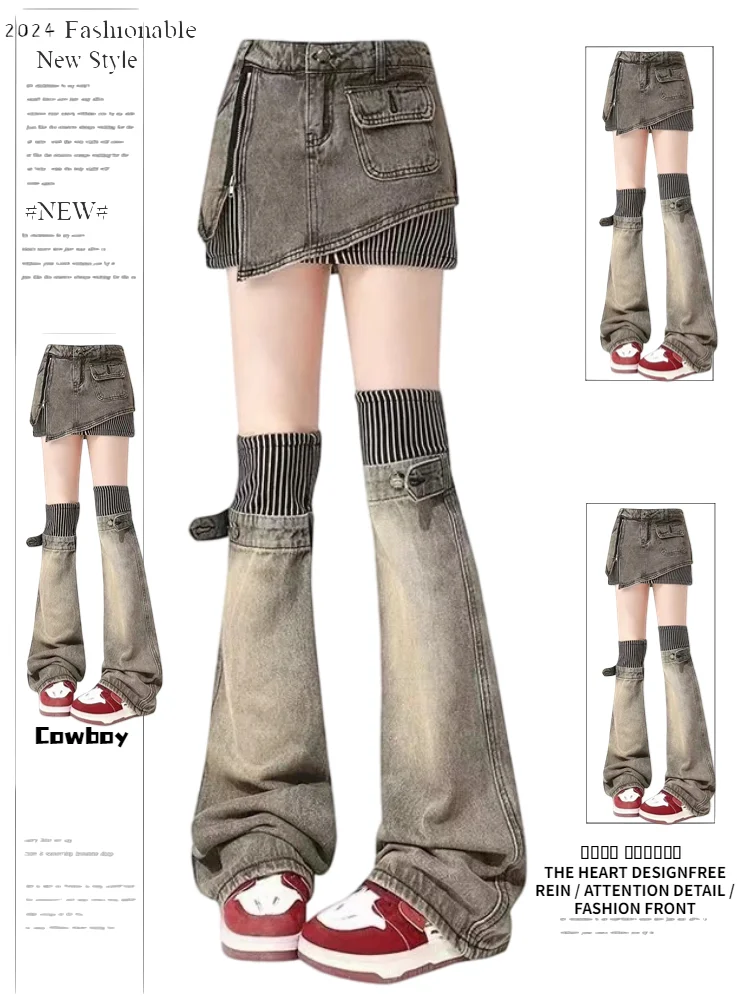 

Retro American Denim Skirt Pants Women's Early Spring New Sle Hot Girl ort Skirt Leg Two-Piece Set Trendy High Waist A-Li...