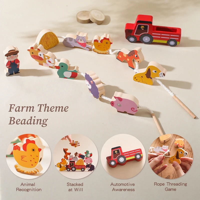 Wooden Montessori Toys For Children  Building Block Placement Toy Farm Animal Button Beaded Puzzle Set Baby room Decoration Gift