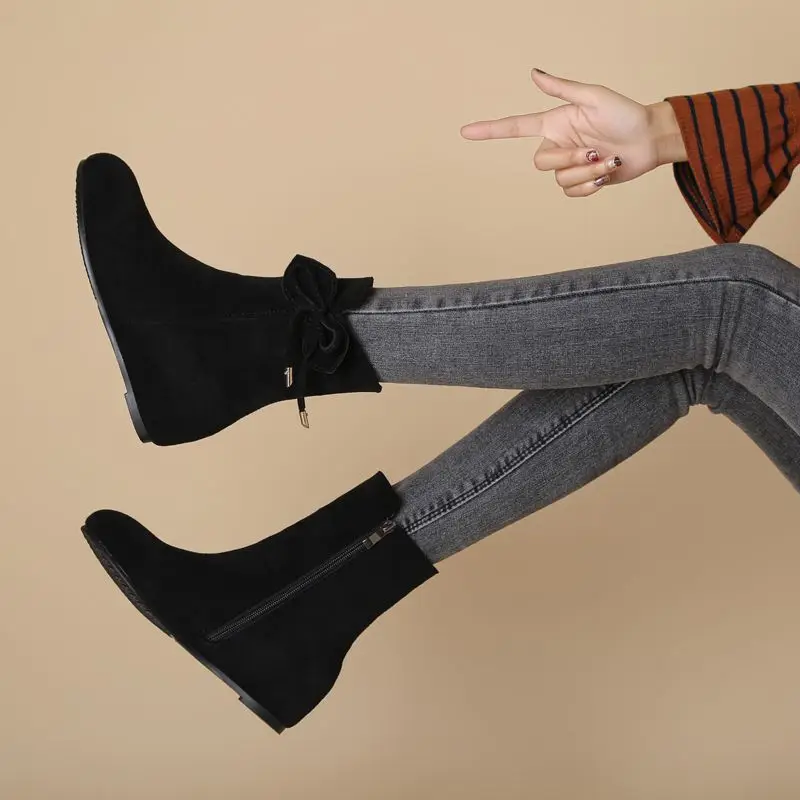 REAVE CAT Flock Suede Women Ankle Boots Round Toe Wedges 3cm Bowknot Size 41 42 43 Leisure Soft Dating Bota image 4