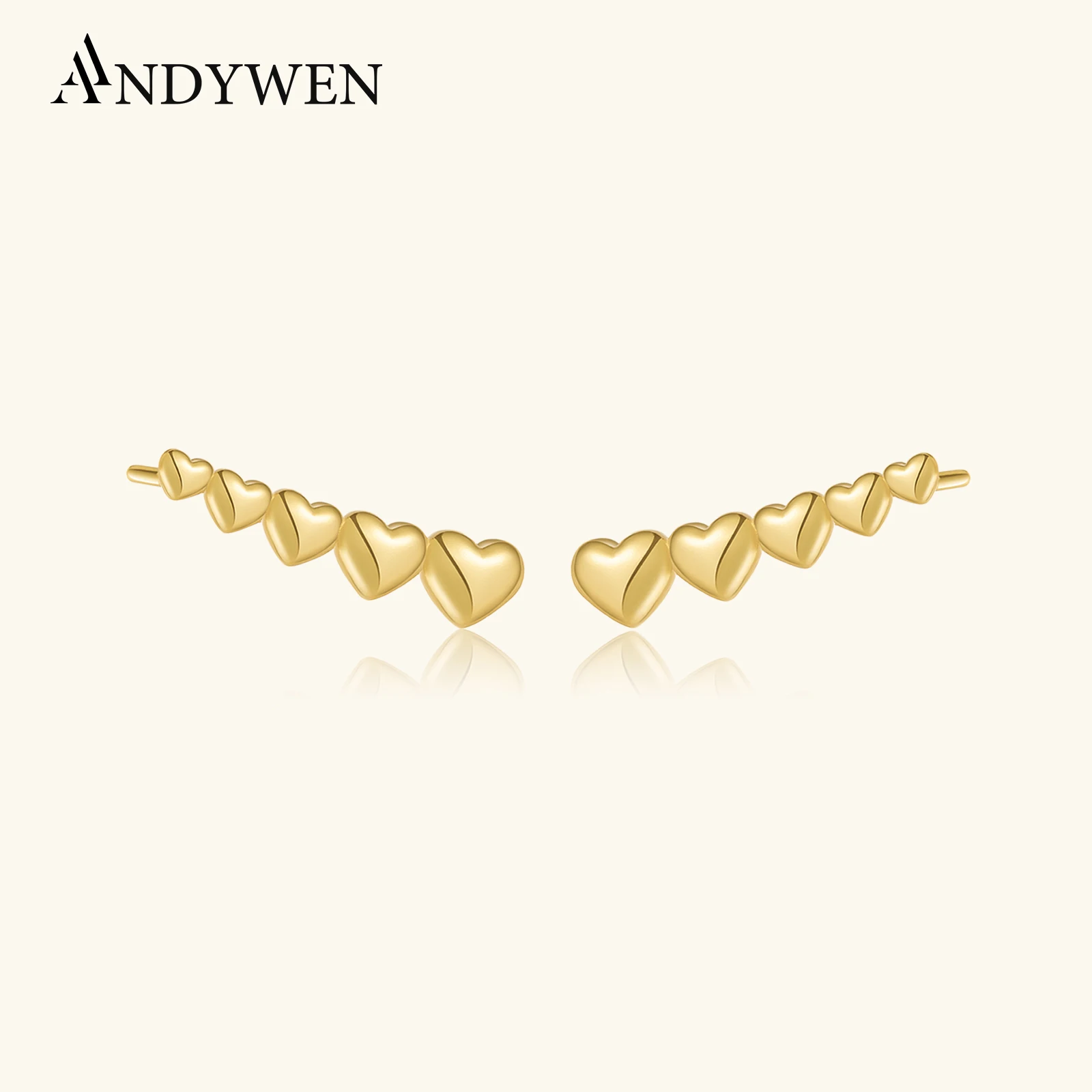 

ANDYWEN 925 Sterling Silver Gold Plain Five Heart Shape Stud Earring Piercing Clips 2024 Rock Punk Wedding Women Fashion Jewelry