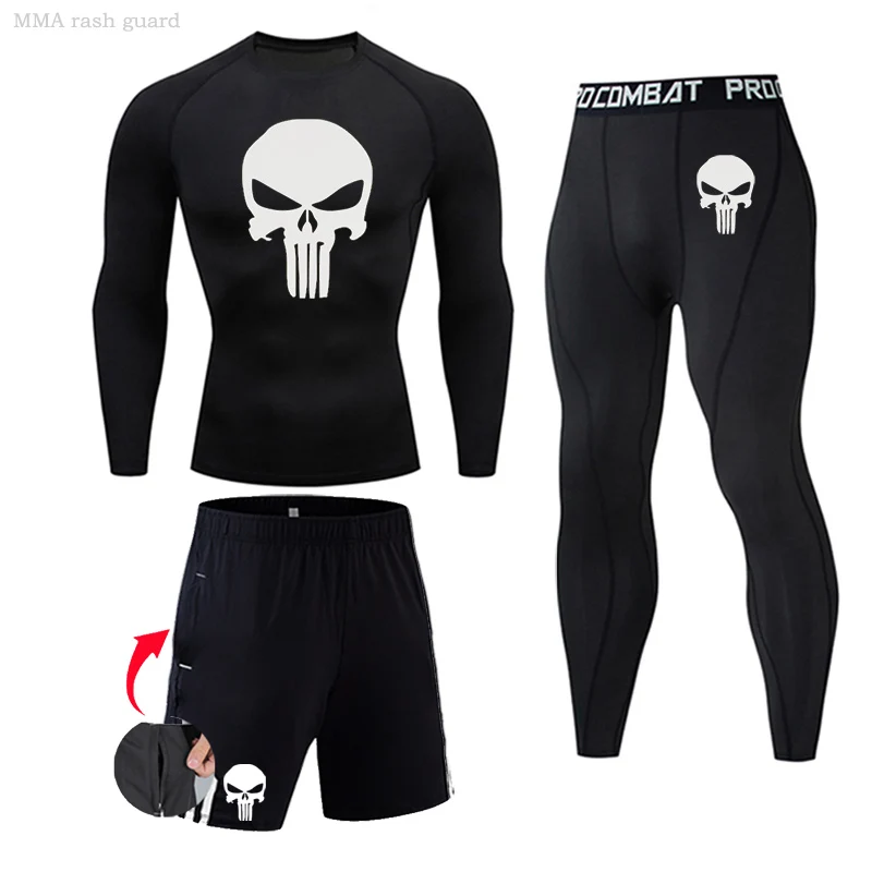 Skull Compression Sportswear Men's Long underwear set Quick drying Rashgarda MMA Long sleeves Shirt Fitness Leggings Track suit