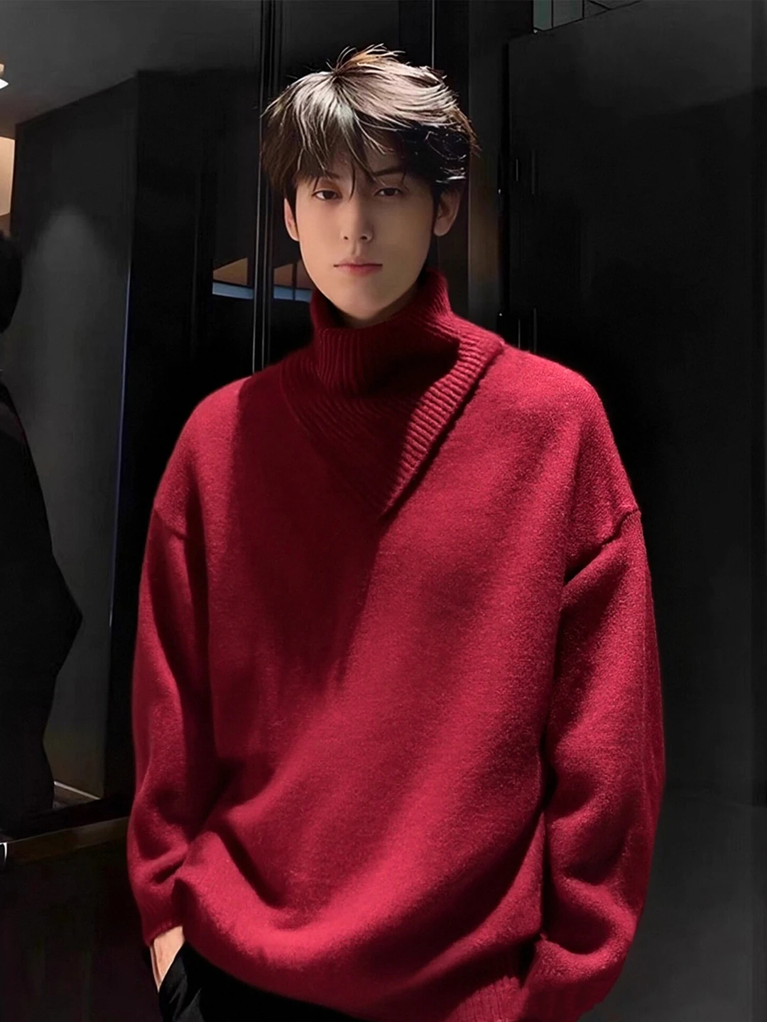 

Red Scarf Collar High Ne Men's Knitwear Winter Warm Base Layer irt American Design Casual Sle Thiened Knitted Sweater
