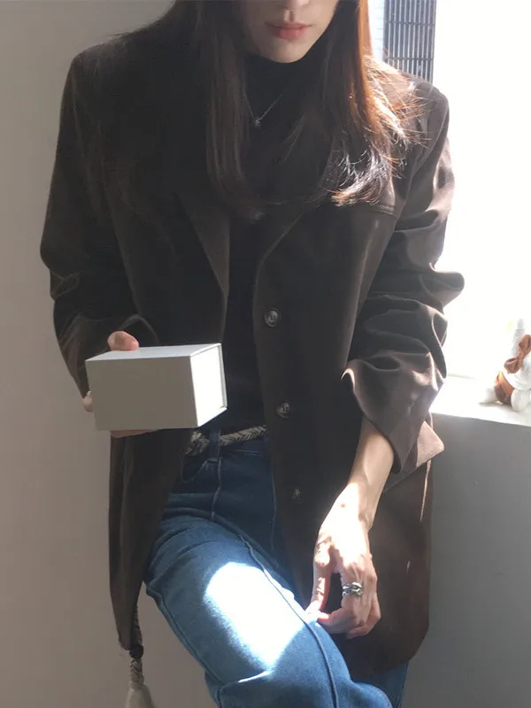 Retro Chic Lange Sve Revers Single Button frauen Casual Jaet Oberbekleidung Deer Haut Samt Lose Fit Koreanische Sle Mantel