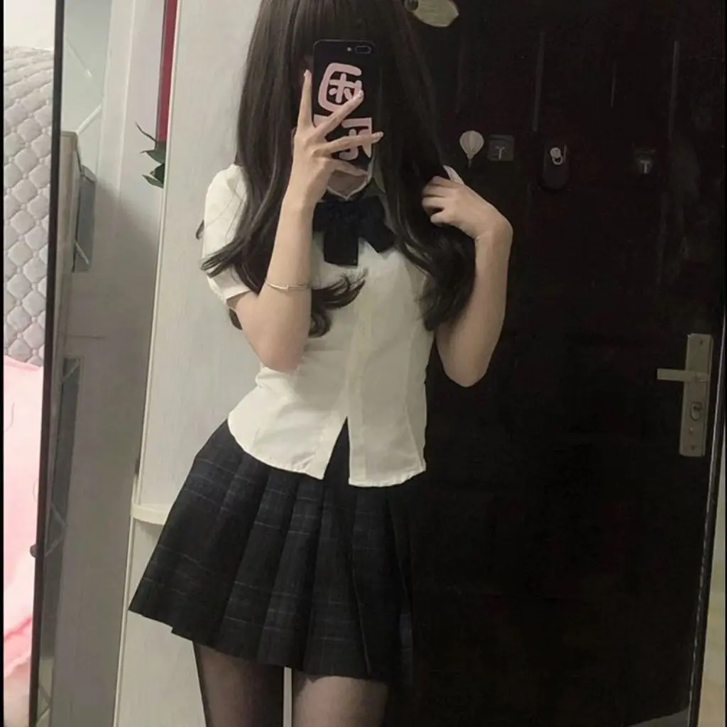 

Women's Japanese Style JK Uniform Top Short Sleeve Puff Sleeve White Shirt Tight Waist College Original Style Outfit