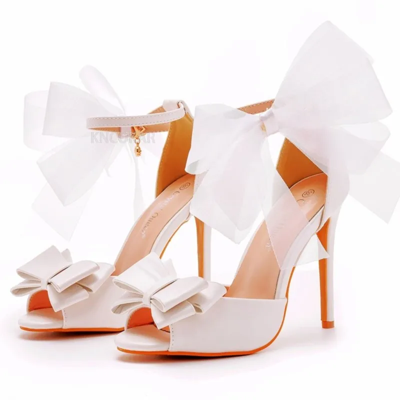 11cm Fish Mouth High Heel Sandals Shallow Mouth White Large Heel Sandals Bow Tie Thin Heel Round Toe Sandals Size 46