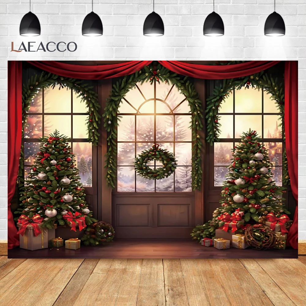 Laeacco Photography Background Winter Christmas Window Xmas Trees Gift Fireplace Red Curtain Family Portrait Decor Backdrop