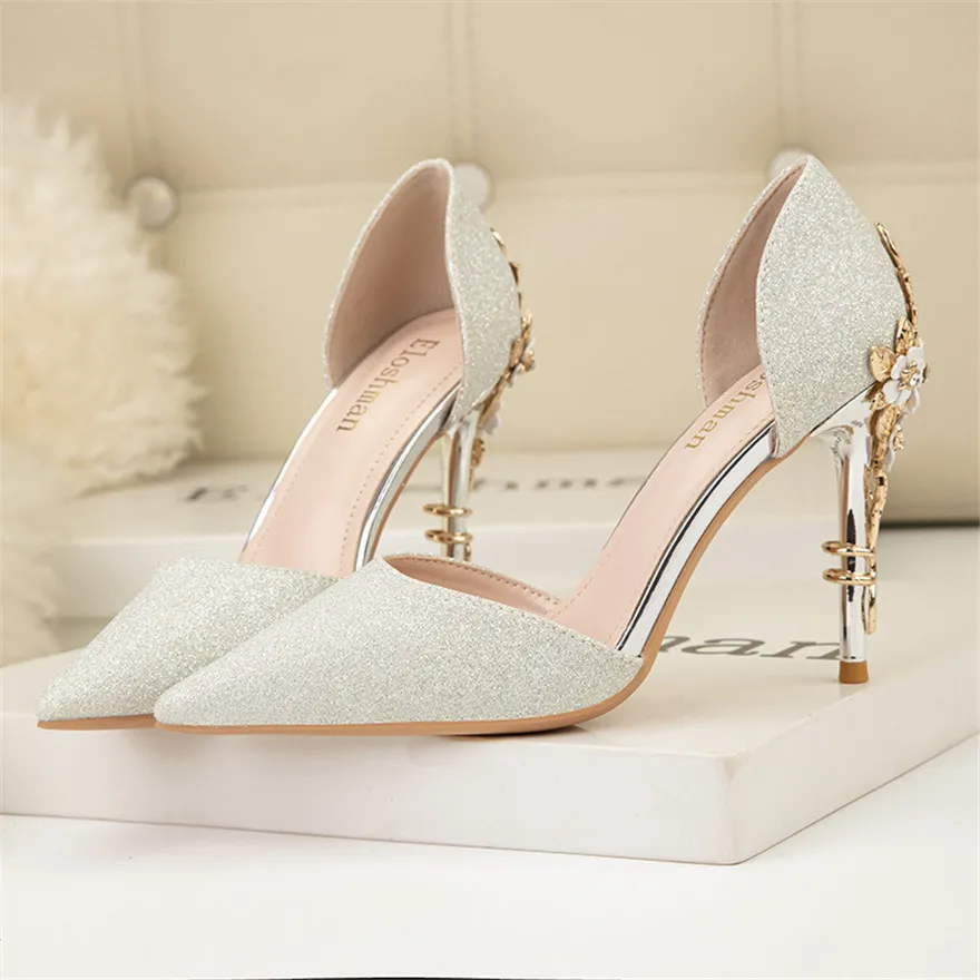 2024 New Sequined Cloth Hollow Women Pumps Black White Sexy Metal Flower High Heels Pointy Toe Wedding Spring Ladies Shoes Dress