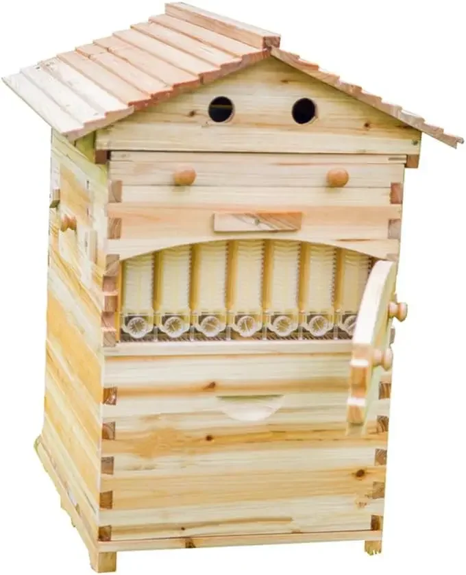 LANGLANG Automatic Wooden bee hive House kit with 7 PCS Upgraded Auto Frame Comb-Beehive Box Honey Free harvesting.