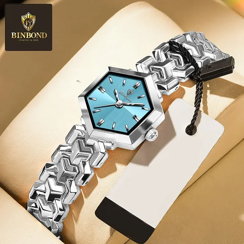 BINBOND Elegant Women Quartz Watch Fashion Rhombus Mirror Waterproof Wristwatch Luminous Diamond Dial Original Ladies Watches