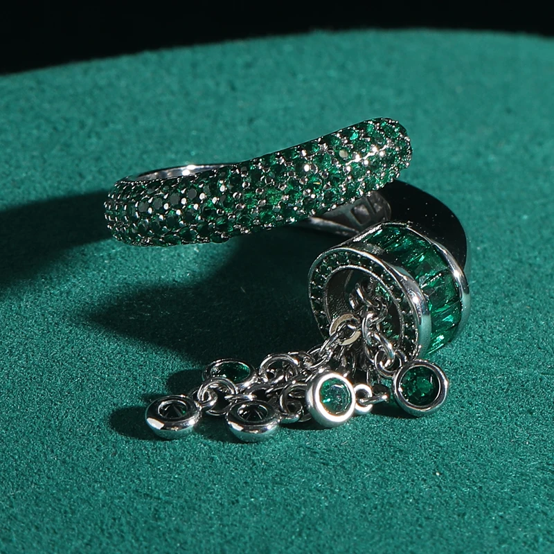 

Vintage Zirconia Jewelry Green Rings Crystal Tassel Adjustable Open Silver Color Designer For Woman Brand Accessories Luxury