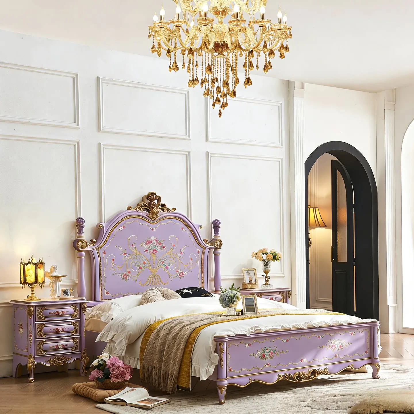 

Кровать из массива дерева, ручной росписи, с золотой отделкой, в ретро-стиле, цвета таро-пурпурный, французская роскошь, высококачественная, для спальни, двуспальная, в стиле принцессы.