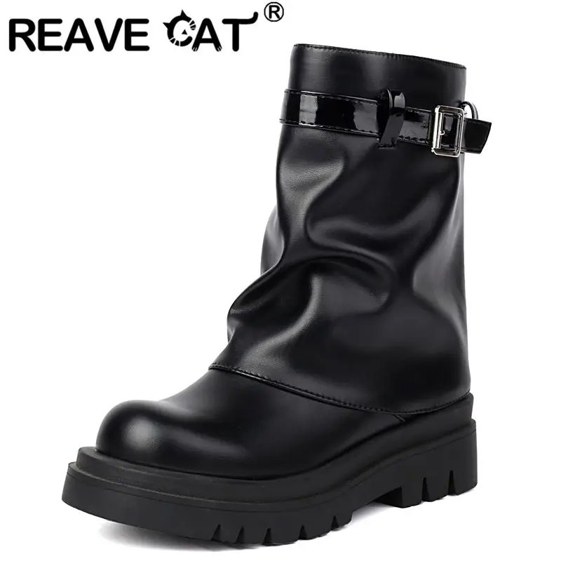 

REAVE CAT Brand Gothic Women Ankle Boots Round Toe 5cm Platform Zipper Belt Buckle Plus Size 43 44 45 Casual Street Female Bota