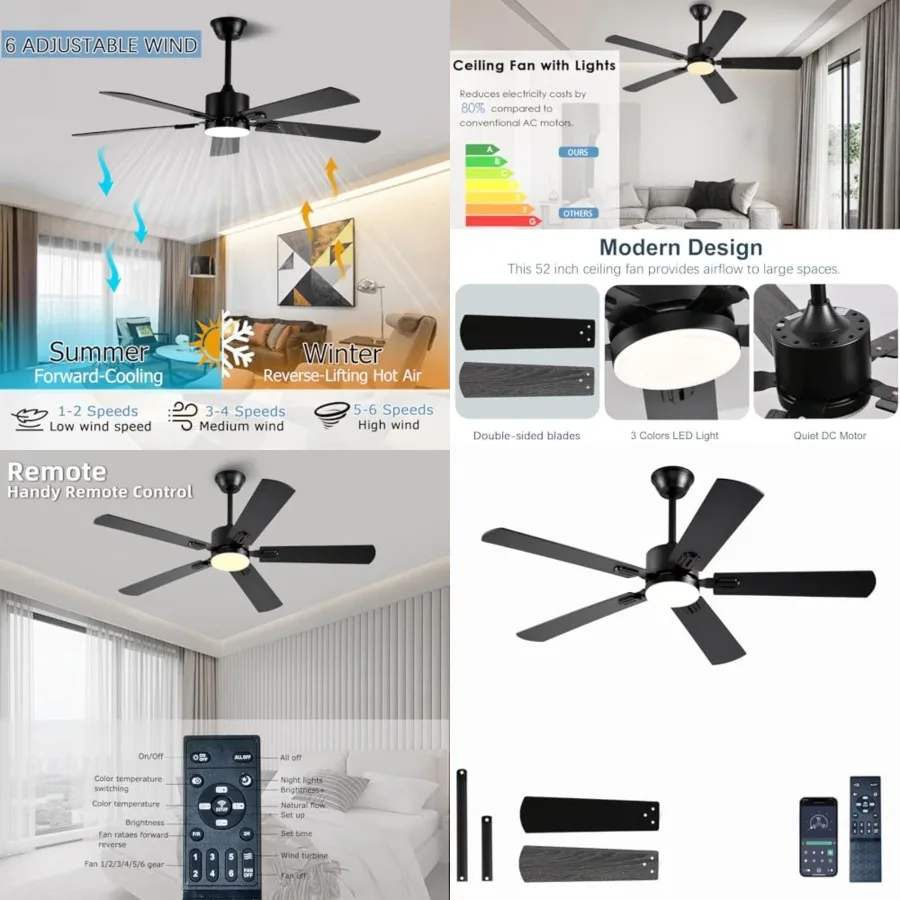 52 inch Modern Ceiling Fans with Lights APP/Remote Control, Low Profile Reversible 6 Speeds Ceiling Fan Light for Indoor/Outdoo