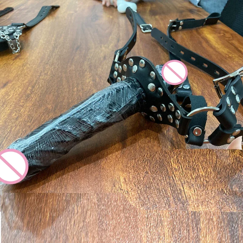 PVC Leather Head Harness Straps Face Mask Silicone Dildo Penis Removable Open Mouth Plug BDSM Restraint Cosplay Adult Sex Toy