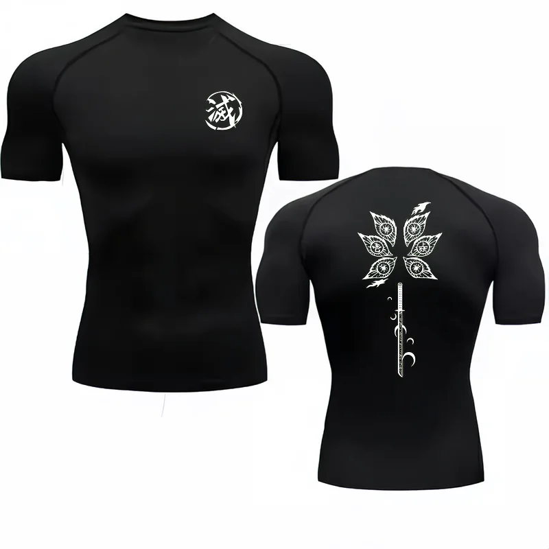 Bandai Demon Slayer Men T-shirt Destroyer Kanji & Katana Compression Fitness Gym Quick Dry Sport T Shirt Comfortable Breathable