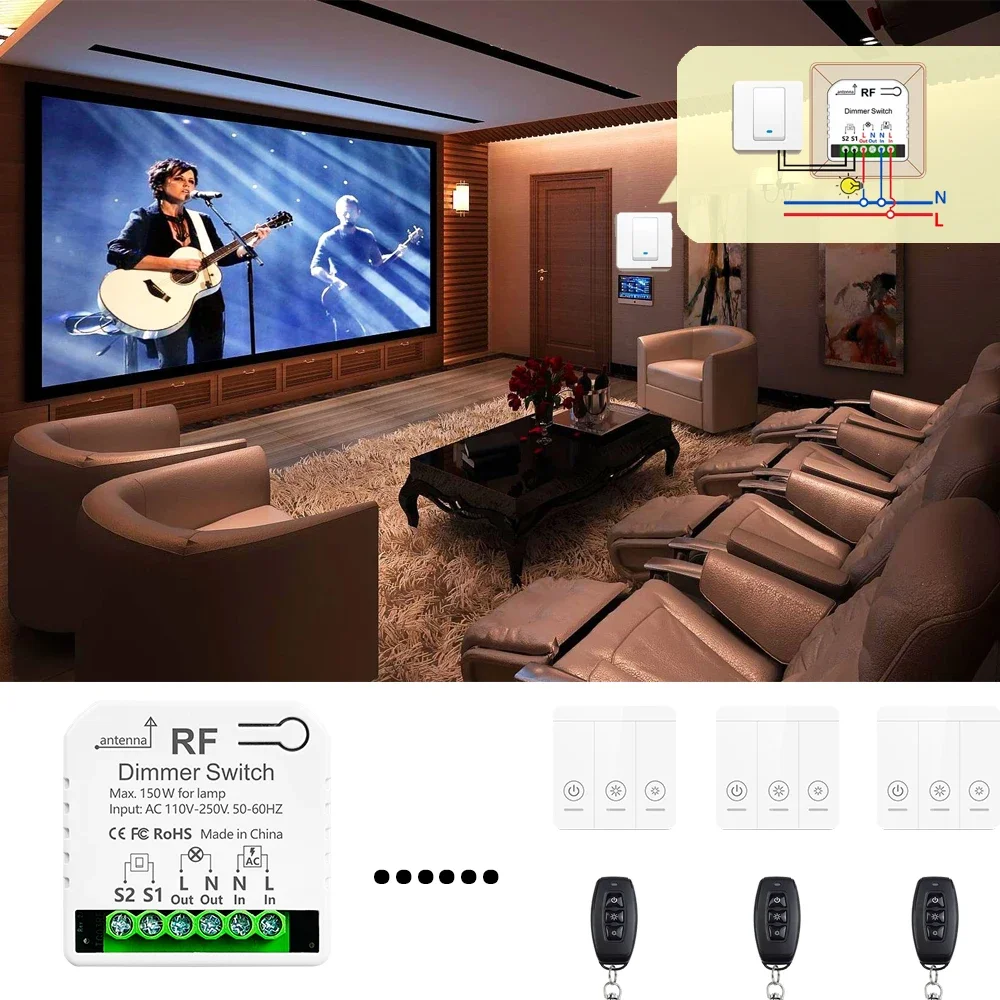 AC110V 220V wireless dimmer switch light brightness adjustable RF433mhz remote control supports 2-way LED halogen light Dimming