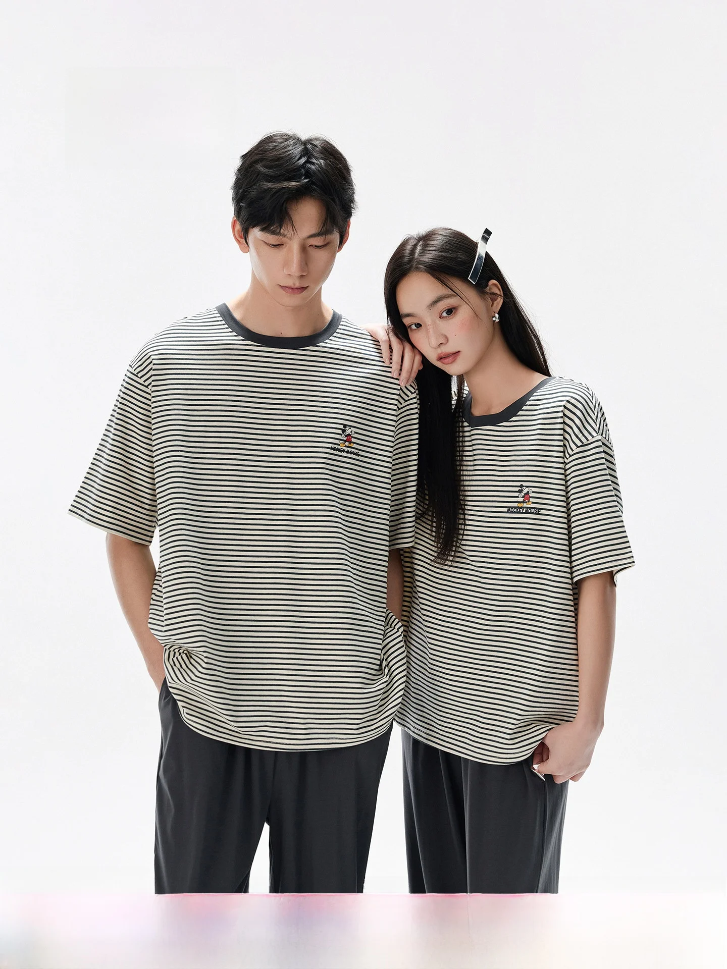 mickey-modal-cotton-short-sleeve-round-neck-striped-pajamas-home-clothes-set-summer-comfortable-breathable-sleepwear