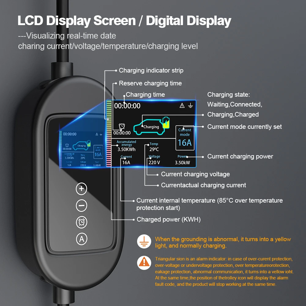 QiFeng 32A 7KW draagbare EV-oplader Type2 2,4 inch oplader voor elektrische voertuigen 5M / 10M EVSE-oplaadkabel Wi-Fi Bluetooth APP-bediening