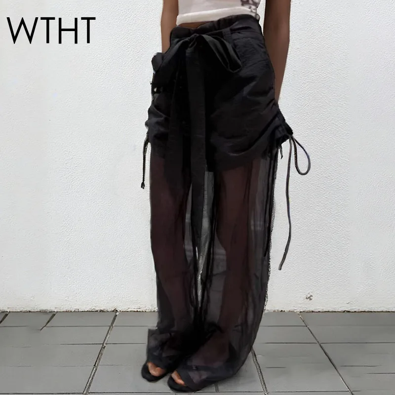 

WTHT Fashion 2025 Summer Women's Fake Two-piece Ribbon Casual Pants Trendy Solid Color Loose Straight Trousers Female 1LS2135
