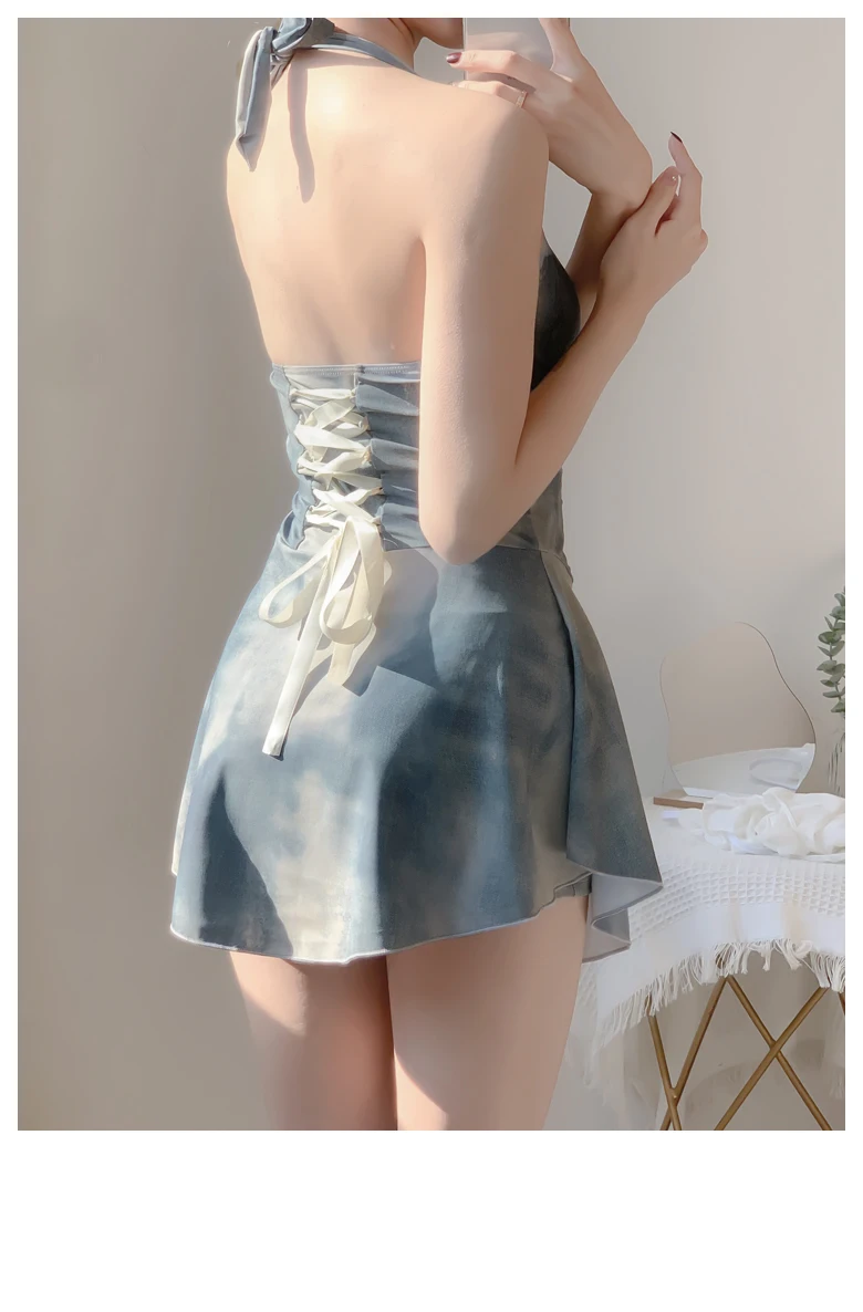 Camisa blanca de manga larga con protección solar, vestido con cuello azul teñido anudado, traje de baño de una pieza, traje de baño Sexy con cuello en V sin espalda para vacaciones en la playa