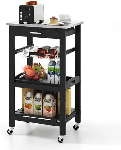 

Kitchen Island Cart with Drawer, Rolling Kitchen Cart on Wheels with Stainless Steel Countertop, Metal Basket, Serving Tray, Loc