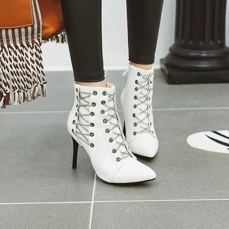 Women Ankle Boots 2024 Autumn Winter Stiletto Booties Cross Chain Decorate Thin High Heels PU Leather Size 34-50 Fashion Pumps