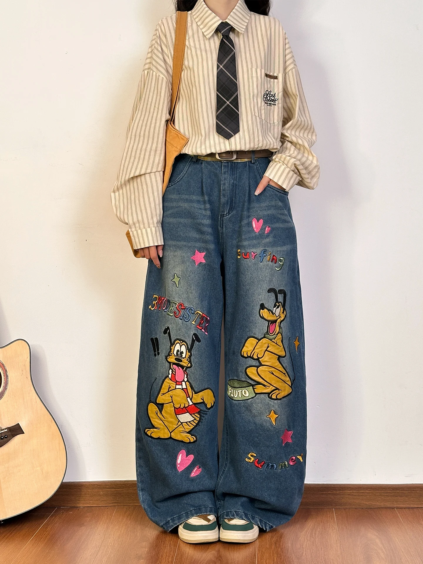 

Оригинальные американские ретро-джинсы Brutto с вышивкой, свободного кроя, с высокой талией, стройнящие, длинные, женские, повседневные, на все сезоны