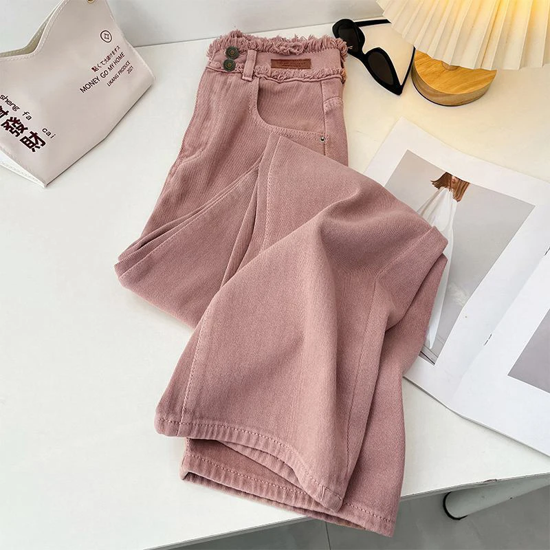 Women's Wide Leg Jeans Autumn Winter Pink High Waisted Floor Length Pants 2024 New Ladies Retro Streetwear Straight Trousers