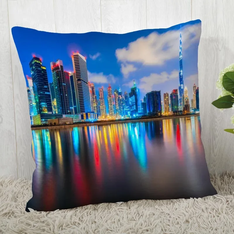 Custom Dubai Night Scenery Pillow Cases Square Pillowcase Christmas Zippered Pillow Cover 40*40cm,45*45cm(One Side)