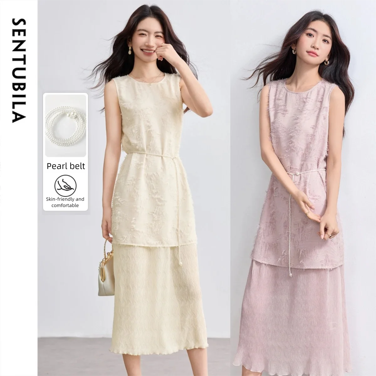 

SENTUBILA Dresses For Woman 2025 Summmer New Arrival O-neck SleevelessPearl Belt Dress Cut-Out Embroidery Clothing) Q52LO1691