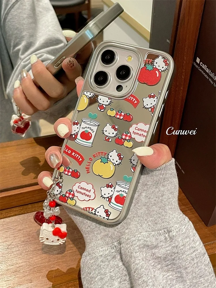 Luxury Cute Lattice Tomato jar Hello Kitty Make Up Mirror Cartoon Y2k Pink Heart Love Case For iPhone 15 14 12 13 16ProMax Cover