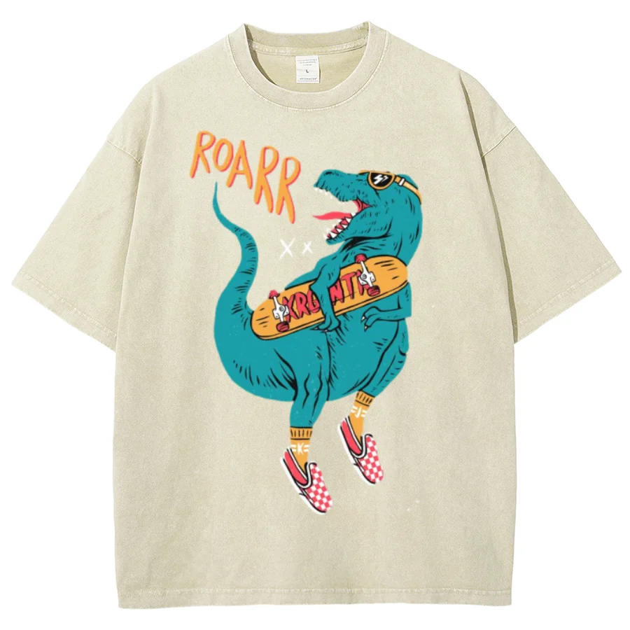 Cartoon Skateboard Dinosaur Print T-Shirt Retro And Old Washed Denim Loose Shoulder Round Neck Fashion Trend Short Sleeve